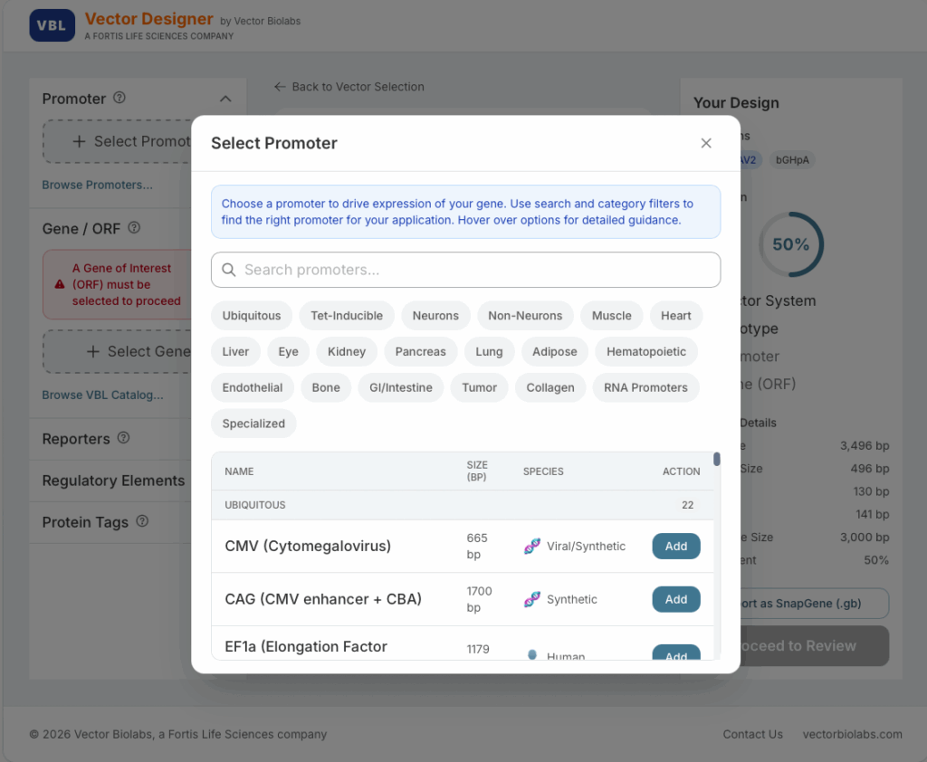 Select promoter | Vector Designer at Vector Biolabs